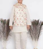 Little Bansi Banarsi Floral Embroidery Jacket with Cotton Kantha kurta and Kantha Pyjama - Cream