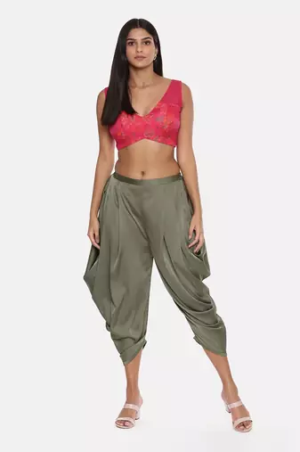 Green Satin Pleated Dhoti Pant