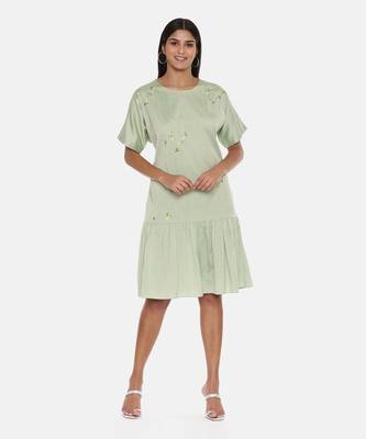 Green Cotton Silk Embroidered Dress 1