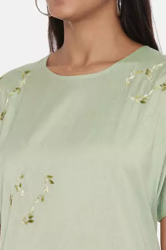 Green Cotton Silk Embroidered Dress