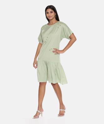 Green Cotton Silk Embroidered Dress 3