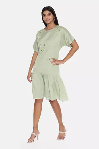 Green Cotton Silk Embroidered Dress