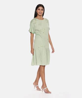 Green Cotton Silk Embroidered Dress 4
