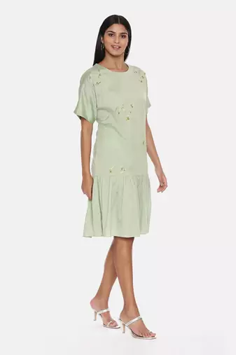 Green Cotton Silk Embroidered Dress