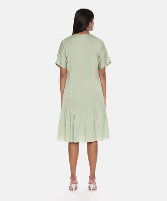 Green Cotton Silk Embroidered Dress 5