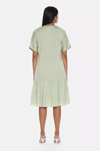 Green Cotton Silk Embroidered Dress