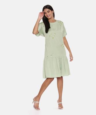 Green Cotton Silk Embroidered Dress 6