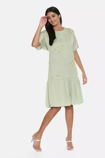 Green Cotton Silk Embroidered Dress