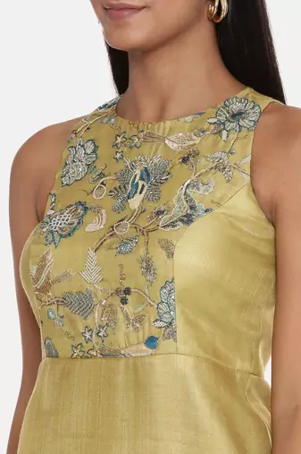Gold Chanderi Printed Dress
