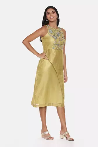 Gold Chanderi Printed Dress