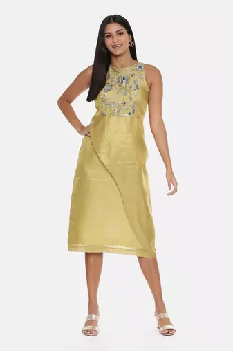 Gold Chanderi Printed Dress
