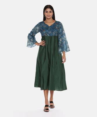 Green Blue Printed Silk Muslin Dress 1