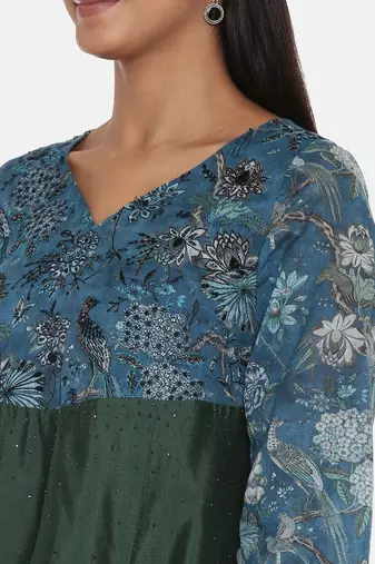 Green Blue Printed Silk Muslin Dress