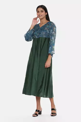 Green Blue Printed Silk Muslin Dress