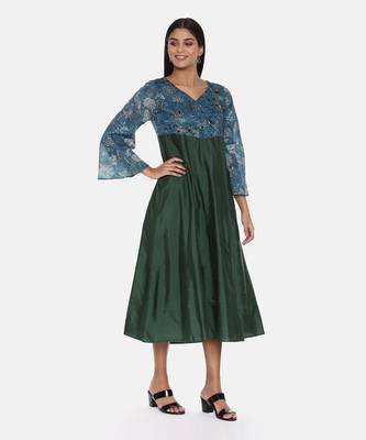 Green Blue Printed Silk Muslin Dress 4