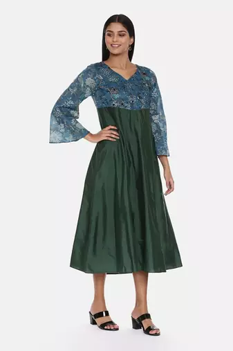Green Blue Printed Silk Muslin Dress