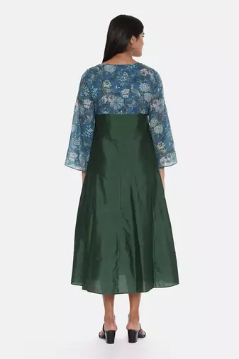 Green Blue Printed Silk Muslin Dress