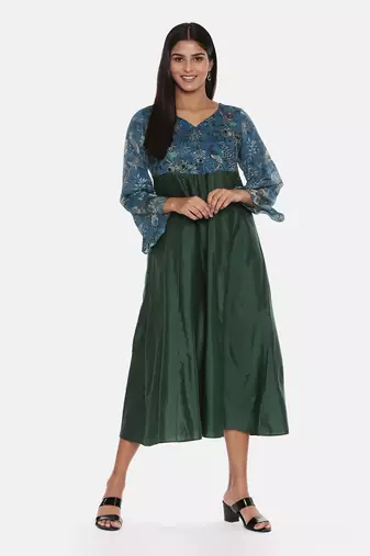 Green Blue Printed Silk Muslin Dress