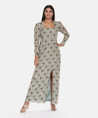Silk Muslin Beige Green Dress 1