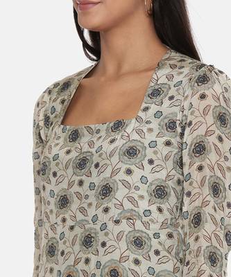 Silk Muslin Beige Green Dress 2