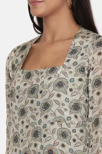 Silk Muslin Beige Green Dress