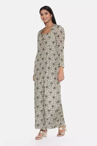 Silk Muslin Beige Green Dress