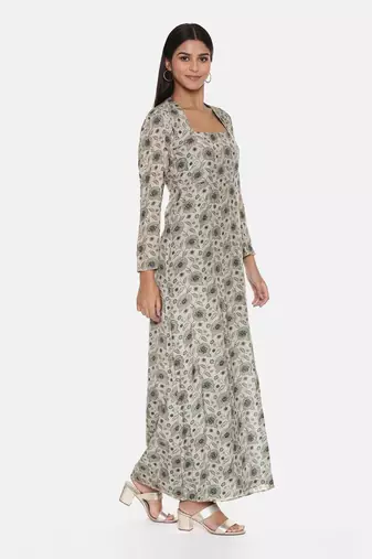 Silk Muslin Beige Green Dress