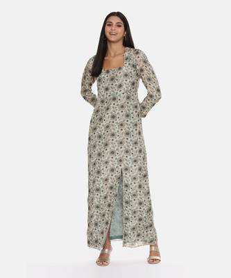 Silk Muslin Beige Green Dress 6