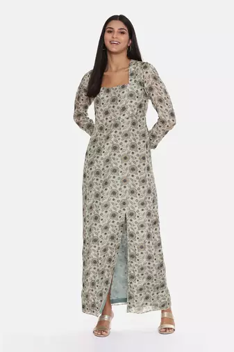 Silk Muslin Beige Green Dress