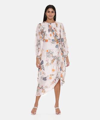 White Printed Muslin Pleated Dress 1