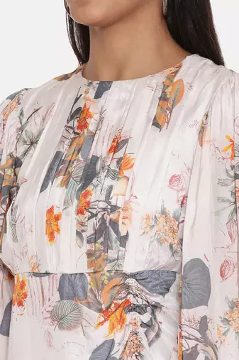 White Printed Muslin Pleated Dress