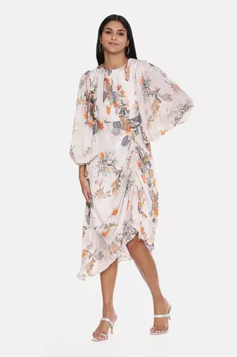 White Printed Muslin Pleated Dress