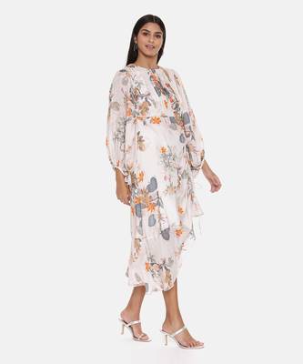 White Printed Muslin Pleated Dress 4