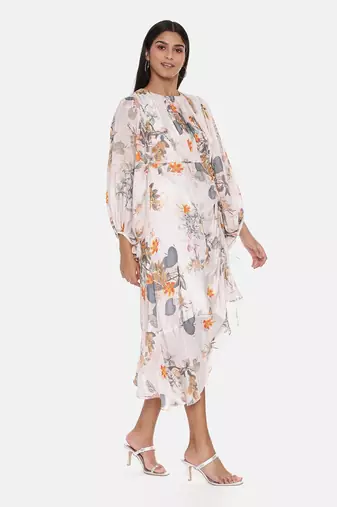 White Printed Muslin Pleated Dress