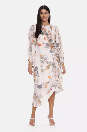 White Printed Muslin Pleated Dress