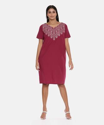 Wine Cotton Embroidered Dress 1