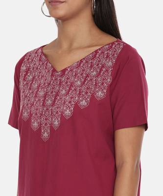 Wine Cotton Embroidered Dress 2