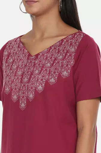Wine Cotton Embroidered Dress