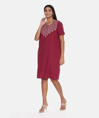 Wine Cotton Embroidered Dress 3