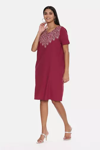 Wine Cotton Embroidered Dress