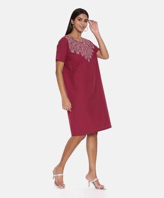 Wine Cotton Embroidered Dress 4