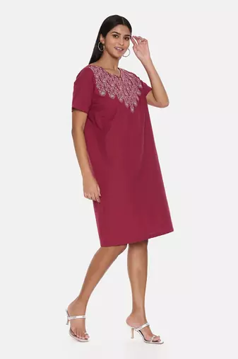 Wine Cotton Embroidered Dress