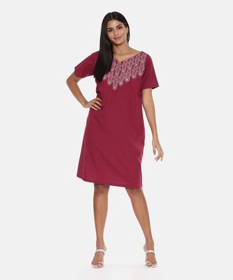 Wine Cotton Embroidered Dress 6