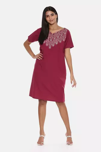 Wine Cotton Embroidered Dress