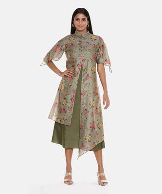 Chanderi Green Printed Dress 1