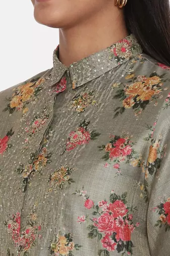 Chanderi Green Printed Dress