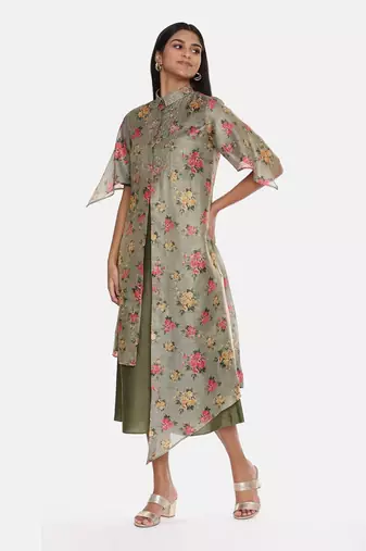 Chanderi Green Printed Dress