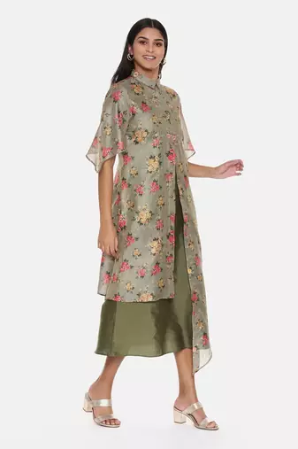 Chanderi Green Printed Dress