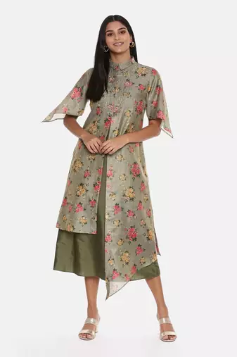 Chanderi Green Printed Dress