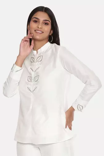 Ivory Cotton Silk Embroidered Top